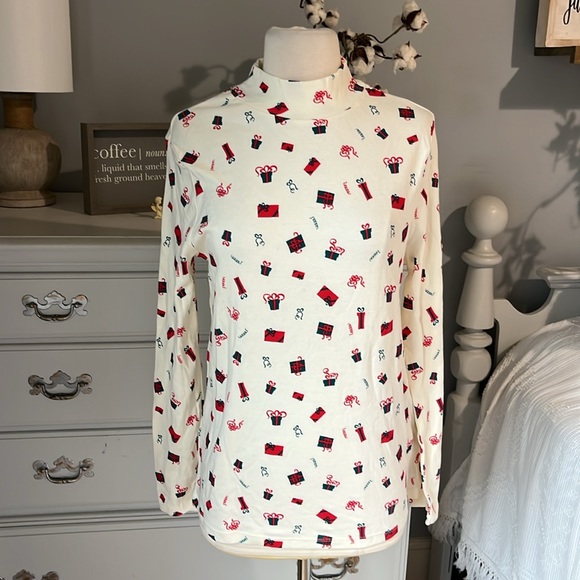 Christmas Top Mock Neck Cotton Off White Womens Medium New - Picture 8 of 8